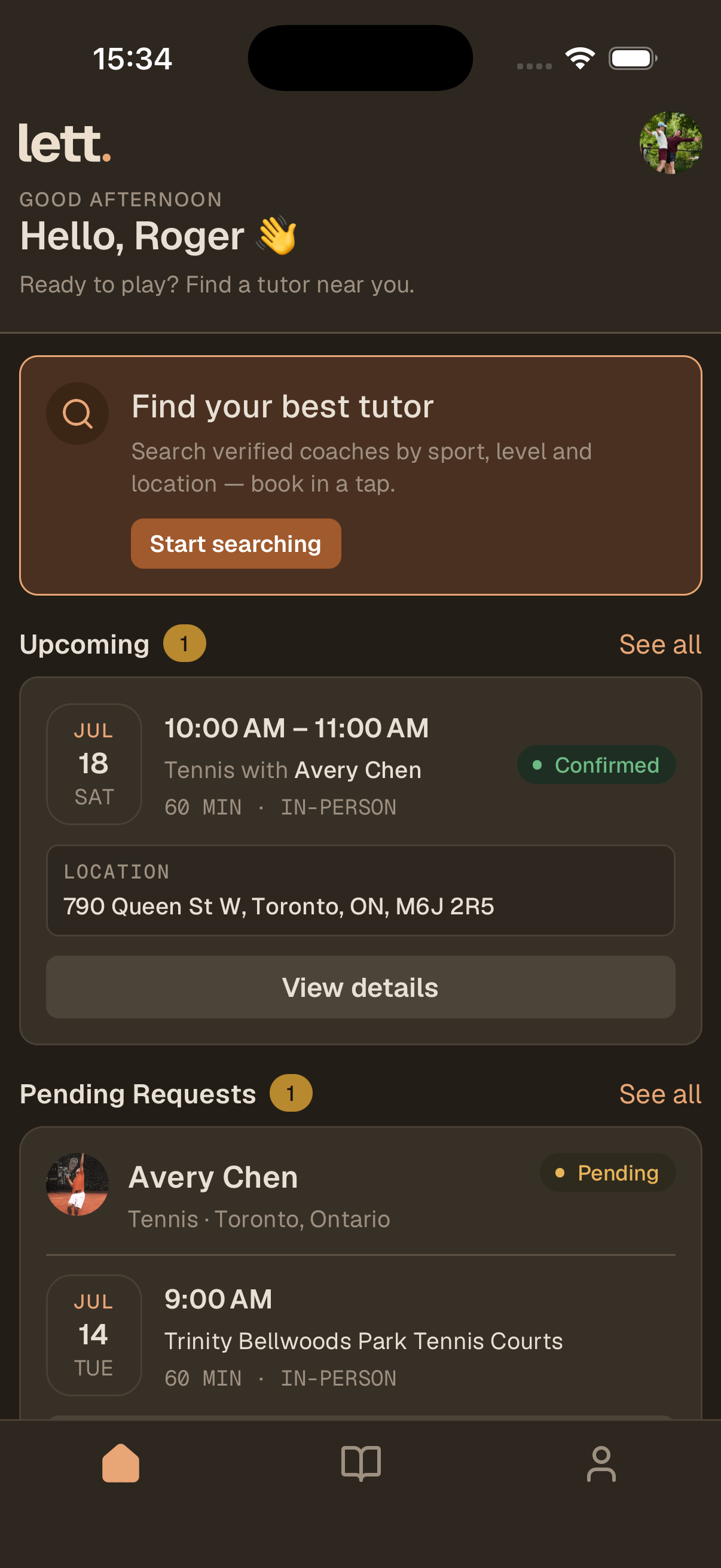 Lett app — student home screen